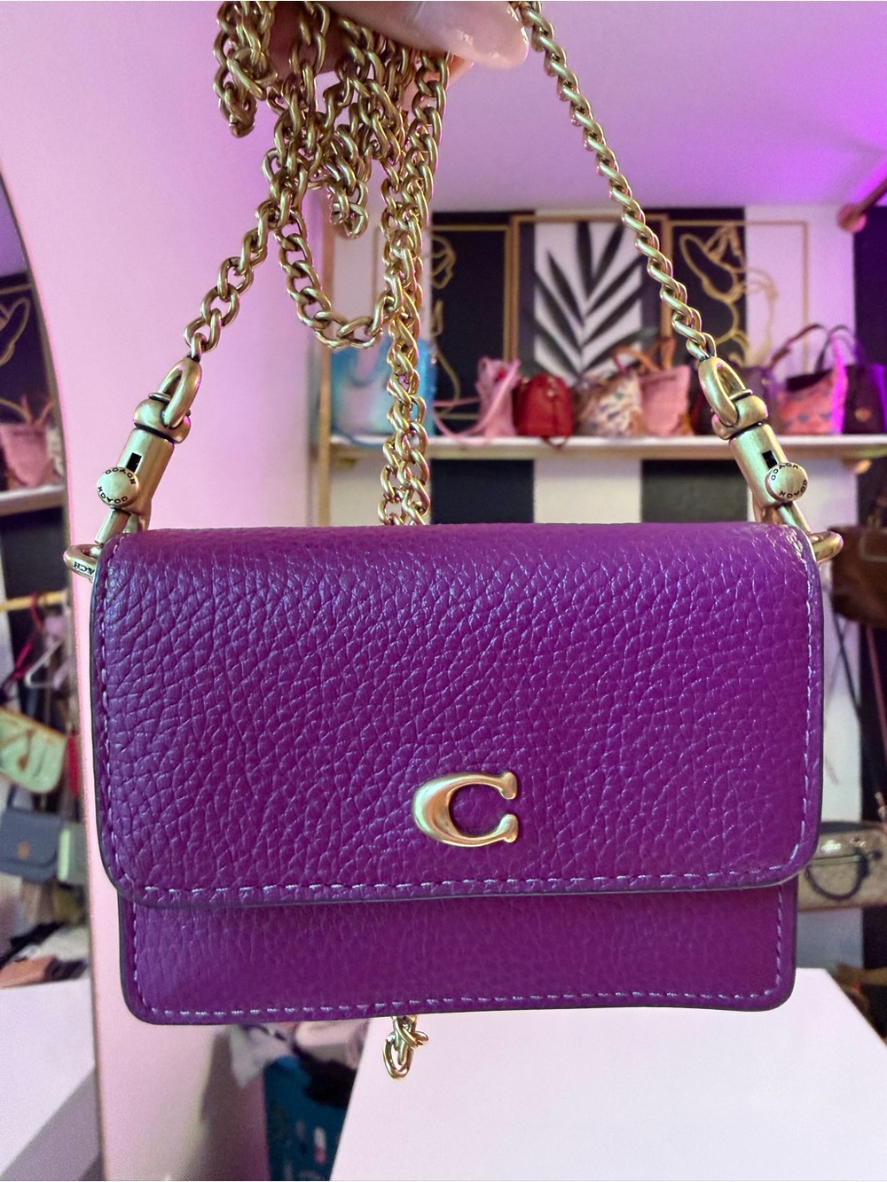 Coach Purple Pebbled Leather Wallet On Chain WOC Crossbody